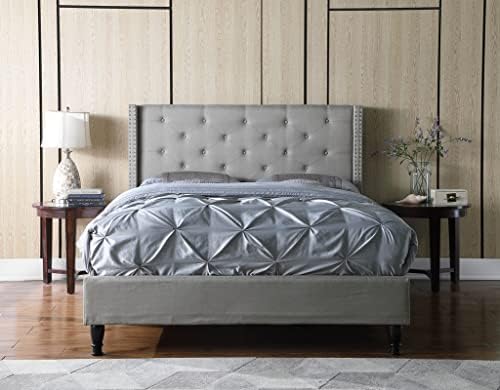 Oliver & Smith Platform Bed Frame Queen Size with Grey Linen Upholstered 51-Inch Button Tufted Headboard Wood Slats Easy Assembly No Box Spring Needed