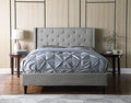 Oliver & Smith Platform Bed Frame Queen Size with Grey Linen Upholstered 51-Inch Button Tufted Headboard Wood Slats Easy Assembly No Box Spring Needed
