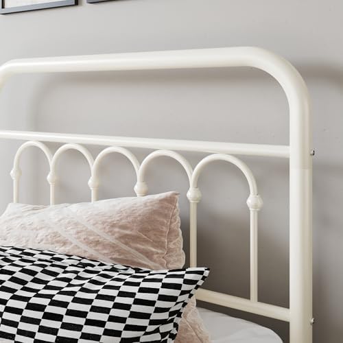 Allewie Twin Size Metal Platform Bed Frame with Headboard, Cream