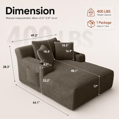 66" Chaise Lounge Chair Indoor, Corduroy Upholstered Reading Chair Oversized Boneless Chair with Deep Seat, Cloud Lounge Chair with 3 Pillows for Living Room, Bedroom, No Assembly Required