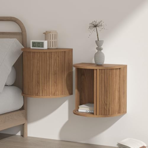 Floating Nightstand Set of 2 with Sliding Roller Shutter Doors,Walnut