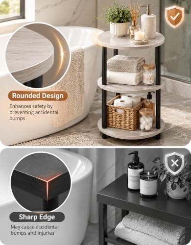 XBurmo 3-Tier Round Side Table for Bathroom, Small Bathroom Storage Table for Towels and Toiletries, Greige