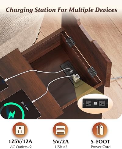 WLIVE Nightstand with Charging Station, Wood Bedside Table with Drawer and Storage Cabinet, Narrow End Tables with Hidden 2 USB Ports and 2 Outlets, Side Table for Bedroom, Espresso
