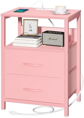 Yoobure Nightstand with Charging Station, Small Night Stand with Fabric Drawers and Storage Shelf for Bedrooms, Nightstands for Small Spaces, Bedside Table with USB Ports & Outlets Bed Side Table