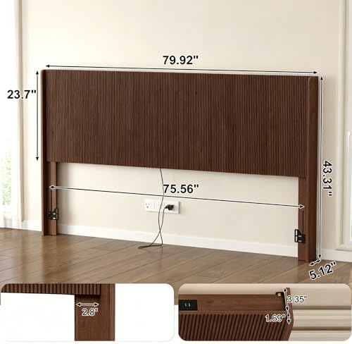 King Size Headboard Only, Fluted Wall-Mounted Head Board with Lighting, Modern Wood Bed headboard with with Charging Station Bedroom Decor, Walnut