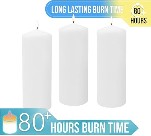 Stonebriar 3 Pack Tall 3 x 8 Inch 80 Hour Long Burning Unscented White Wax Pillar Candles