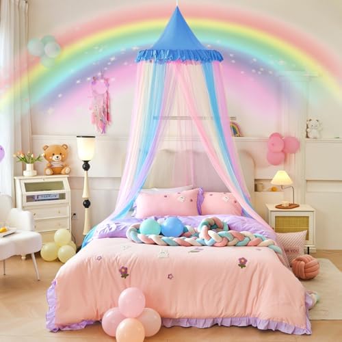 Kertnic Rainbow Bed Canopy for Girls Dreamy Mosquito Net for Bed Round Dome Princess Bed Canopy Girl Room Play Tent Canopy Bed Netting Curtains (Single Layer- Blue)