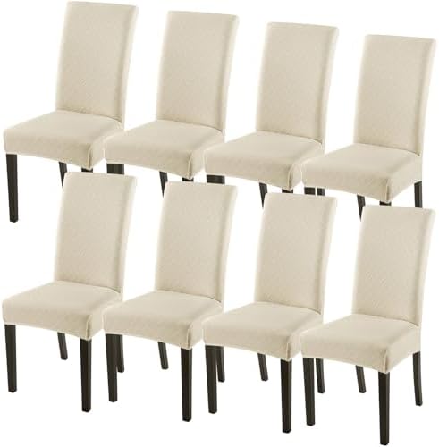 SearchI Dining Room Chair Covers Set of 8, Stretch Jacquard Parsons Chair Slipcovers Super Fit Removable Washable Kitchen Chair Protector Cover for Dining Room, Hotel, Ceremony (Beige Rhombus)