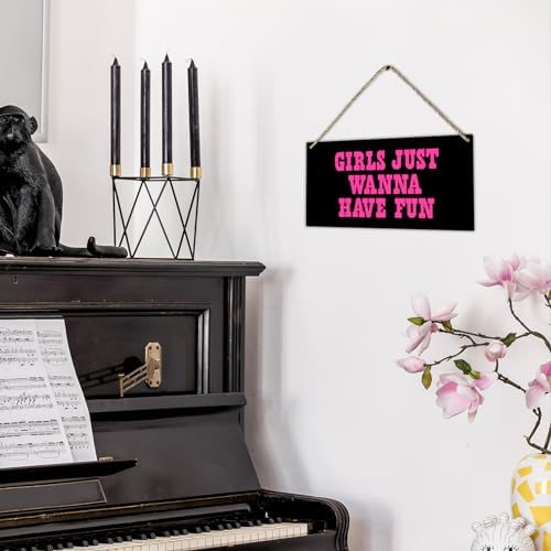 Hot Pink Preppy Girls Just Wanna Have Fun Printed Wood Plaque Sign Wall Hanging,Trendy Preppy Hanging Wall Signs for Girls Room College Dorm Bachelorette Party Decor 12 x 6 Inches Home Décor Accents（Black）