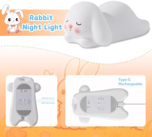 ZKLiLi Bunny Night Light for Kids Lamp, 16 Colors Lamp Cute, Dimmable Baby Night Lights for Nursery,Silicone Rechargeable Nightlight for Kids Room, Kawaii Room Decor