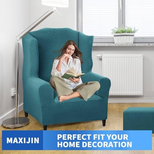 MAXIJIN Wingback Chair Covers 1-Piece Stretch Wing Chair Covers Soft Thick Wingback Armchair Slipcover Non-Slip High Back Chair Furniture Protector Washable (Wing Chair, Peacock Blue)