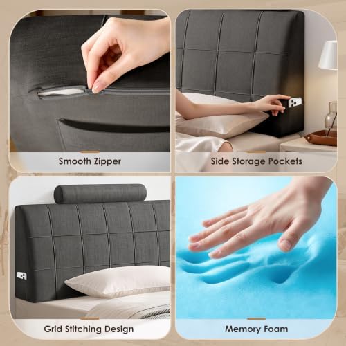 King Headboard with 2 Headrests, Memory Foam Upholstered Headboard