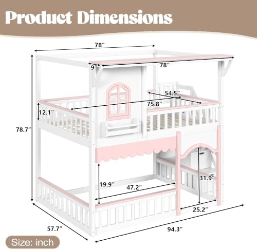 Full Over Full Size House-Shaped Wooden Bunk Bed with Window, White