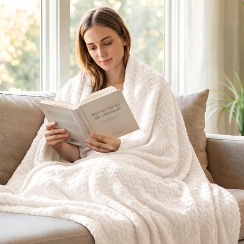 Exclusivo Mezcla Fleece Throw Blanket for Couch Sofa, 50”x70”, Off White