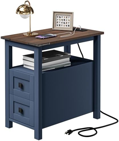 VVFLU Farmhouse End Table with Charging Station and 2 Storage Drawers, Blue Wood Nightstand Narrow, Skinny Side Table Rustic, Slim Bedside Table, Open Shelf, Small for Bedroom, Living Room, Sofa