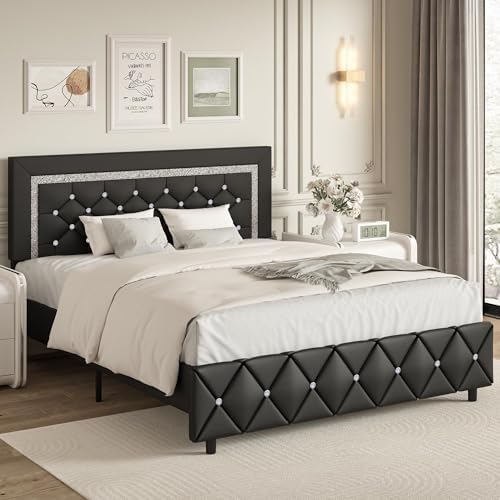 Full Size Bed Frame, Faux Leather Upholstered Bed with Diamond Headboard