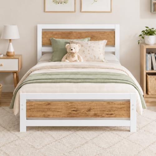 Twin Metal Bed Frame with Industrial Headboard, White Brown