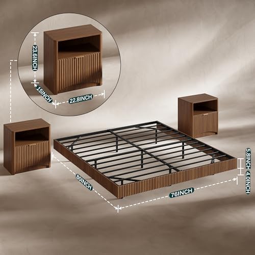Evermagin King Bedroom Set, Fluted Floating Bed Frame & Nightstands, Walnut