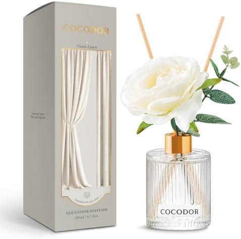 COCODOR Silk Flower Reed Diffuser Set, Clean Linen, 6.7 oz, Home Décor