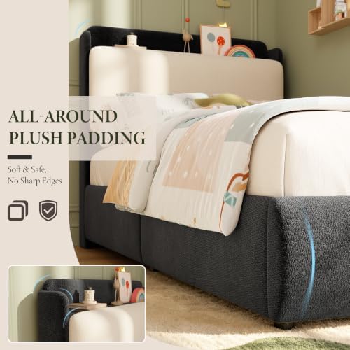 Garvee Twin Size Bed Frame with Shelf & Drawers for Kids- Black & Beige