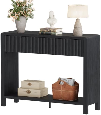 FATORRI Console Entryway Table, Modern Sofa Table with 2 Drawers for Living Room, 39.37 inch Narrow Wood Hallway Tables and Couch Tables Behind Sofa for Small Space (Black)