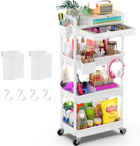 Goovilla 4 Tier Rolling Utility Cart Organizer with Removable Drawer, White
