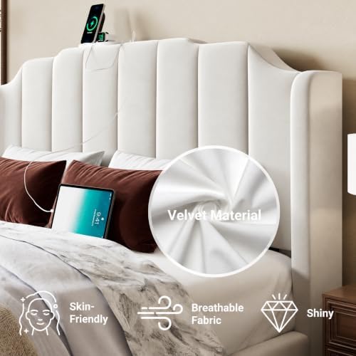 Allewie Vintage Queen Size Velvet Platform Bed Frame, White
