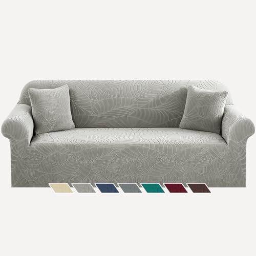 YEMYHOM Couch Cover Latest Jacquard Design High Stretch Extra Large Sofa Covers Pet Dog Cat Proof Oversized Slipcover Non Slip Magic Elastic Furniture Protector (X-Large, Begonia Leaf Light Gray)