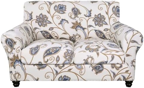 SearchI Stretch Sofa Cover Printed Couch Cover, Floral Pattern 3 Pieces Loveseat Slipcover with 2 Separate Cushion Cover, Washable Furniture Protector for Living Room(Loveseat, Love Flower)