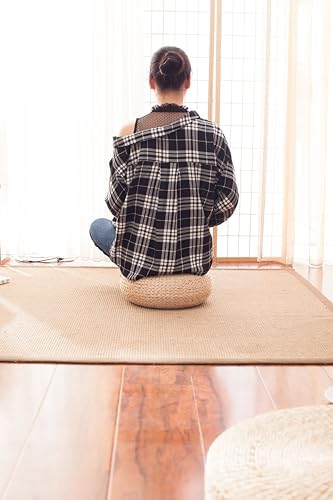 Straw Flat Seat Cushion, Handmade Floor Pouf Mat, Ottoman Footstool for Meditation, Zen, Yoga Practice or Buddha (15.7" Dia. x 6.3" H)