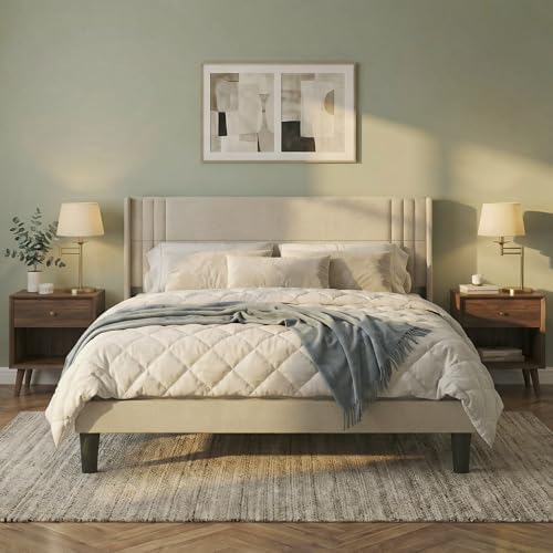 Gizoon King Bed Frame with Wingback Headboard, Upholstered Platform Bed