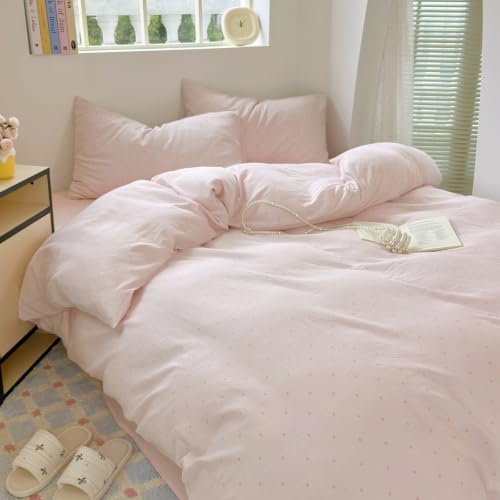 3 Pcs Pink Polka Dot Duvet Cover Full, Cotton Double Gauze, Zipper & Ties