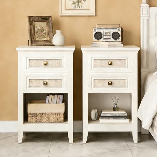 RoyalCraft Rattan Nightstand Set of 2 for Bedroom, Boho Bedside Table with 2 Drawers, Accent End Table with Open Storage Shelf, Wood Bedside Unit for Home Office, Grayish White