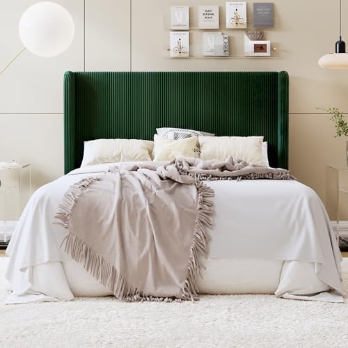 SHA CERLIN Queen Corduroy Platform Bed with Tufted Wingback Headboard/Green
