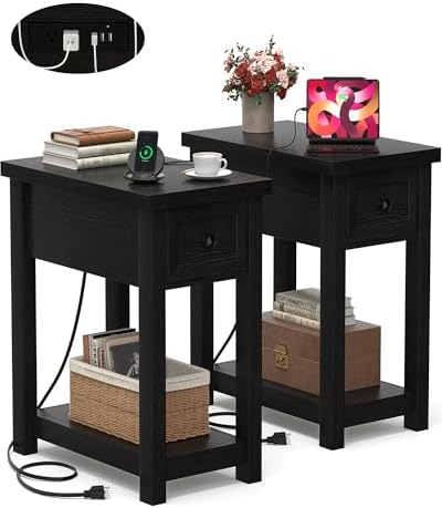 Farmhouse Narrow End Table Set of 2 with Charging Station, 13.8" Wide