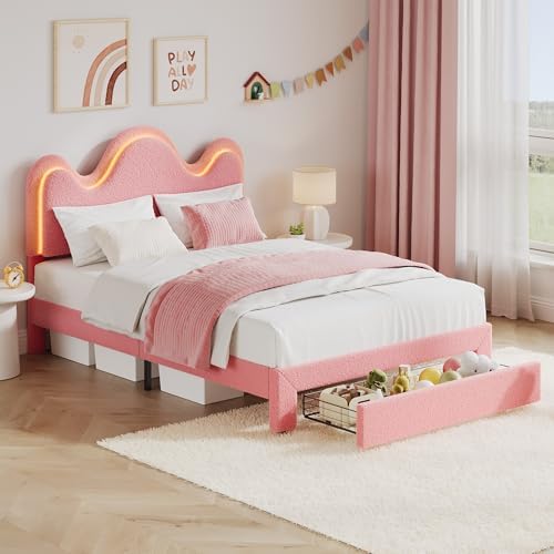 IDEALHOUSE Twin Bed Frame with LED Headboard and Under-Bed Drawer, Metal