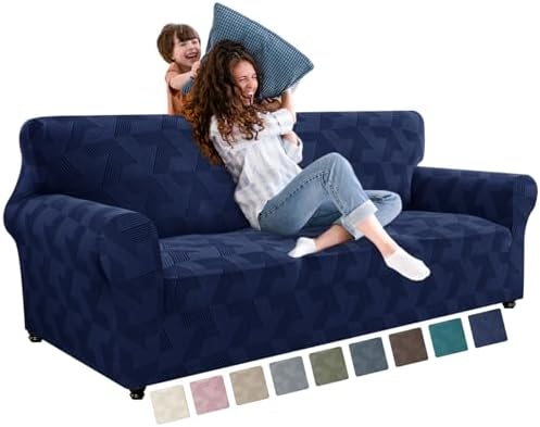 JIVINER 1 Piece Couch Cover for 3 Cushion Couch, High Stretch Sofa Covers with Elastic Bottom, Washable Sofa Slipcovers for Dog, Pets Feature Geometrical Jacquard Fabric (Sofa, Navy Blue)