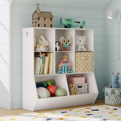 HOOBRO Kids Bookshelf, Toy Storage Organzier with 8 Cubicles, Bookcase Footboard, Bookshelf for Kids, for Playroom, Nursery, Bedroom, and School, White WT35CW01G1