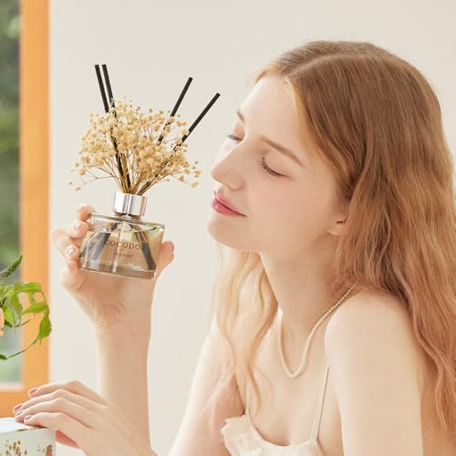 COCODOR Reed Diffuser Set with Preserved Baby's Breath with Sticks/April Breeze / 6.7oz / Scent Fragrance Oil Diffuser for Bedroom Bathroom Home Decor (Pack of 2)