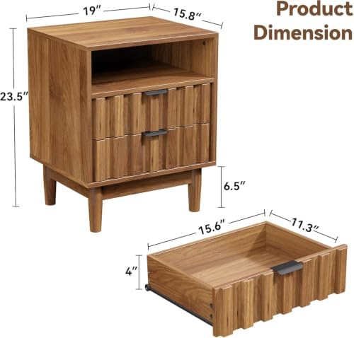 Fluted Nightstand Set of 2,Night Stand,Bedside Table,Walnut