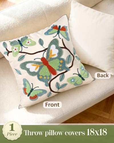 Embroidered Throw Pillow Cover 18x18 Inch, Branch Butterfly