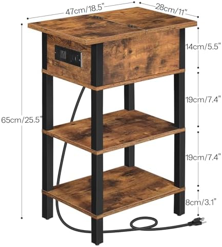 HOOBRO End Table with Charging Station, Flip Top Side Table with USB Ports, Narrow Nightstand Bedside Tables with Storage Shelves, for Small Space, Living Room, Rustic Brown and Black BF141UBZ01