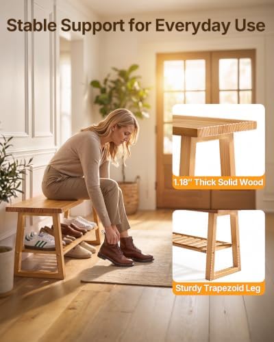 Amada 43" Pine Wood Entryway Bench with Shoe Storage Shelf