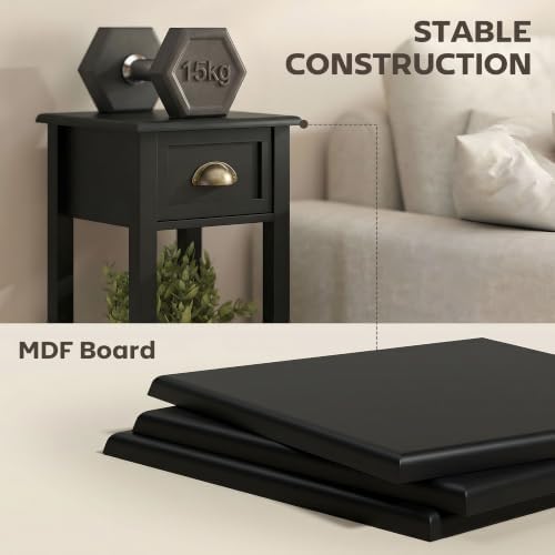 HOMCOM Narrow End Table with Drawer and Bottom Shelf Set of 1 Black