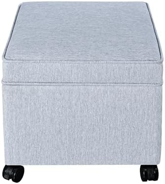 Adeco 17.5 inch Square Storage Ottoman with Wheels & Flip Top Lid, Upholstered Linen Foot Rest Stool, Small Coffee Table for Living Room & Bedroom, Ice Blue
