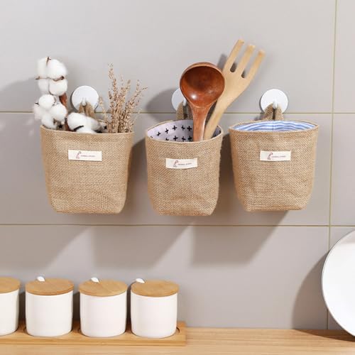 3 PCS Mini Hanging Storage Bag Cotton Linen Small Storage Basket Wall Hanging Storage Pouch Foldable Storage Box Family Organizer Decorative Bag for Key Snack Wallet on Door Closet (A)