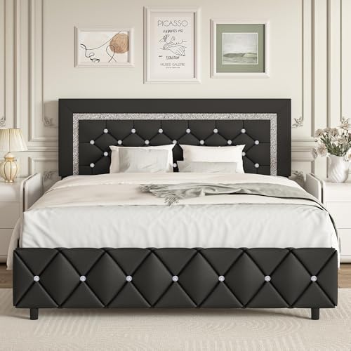 Full Size Bed Frame, Faux Leather Upholstered Bed with Diamond Headboard