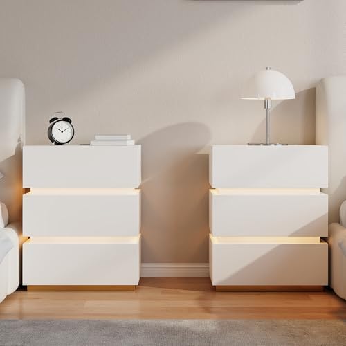homary LED Smart Nightstand Set of 2 with Wireless Charging, USB & Type-C Ports – Modern White Bedside Table with Storage and Adjustable Light, Bedroom Night Stand with 3-Drawer