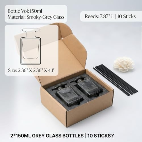 2 Pack 150ml Glass Reed Diffuser Container with Black Reeds, Empty Essential Oil Diffuser Jars with Protective Packaging for DIY Home Fragrance, Bathroom, Bedroom and Office Decor (2, Smoky Gray)