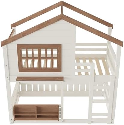 Twin Over Twin Size House Bunk Bed with Storage Bookshelf, Beige